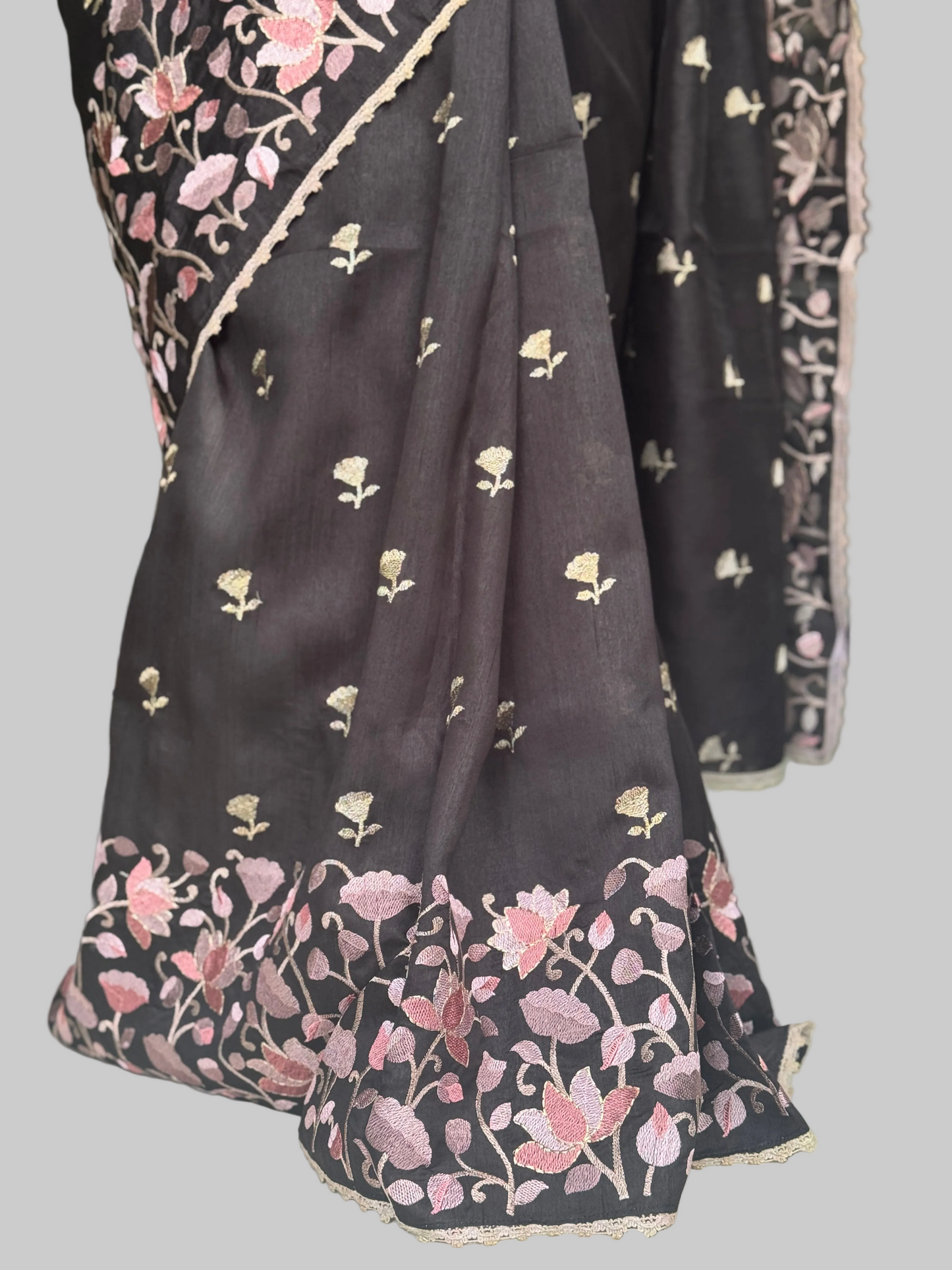 Ketaki: Black Semi-tussar Embroidered Saree