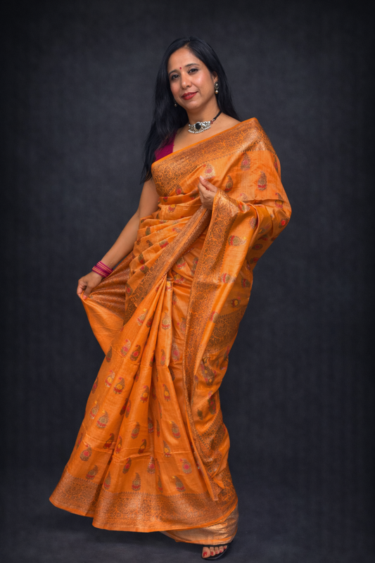 Kesar: Orange Handwoven Munga Tussar Silk Saree