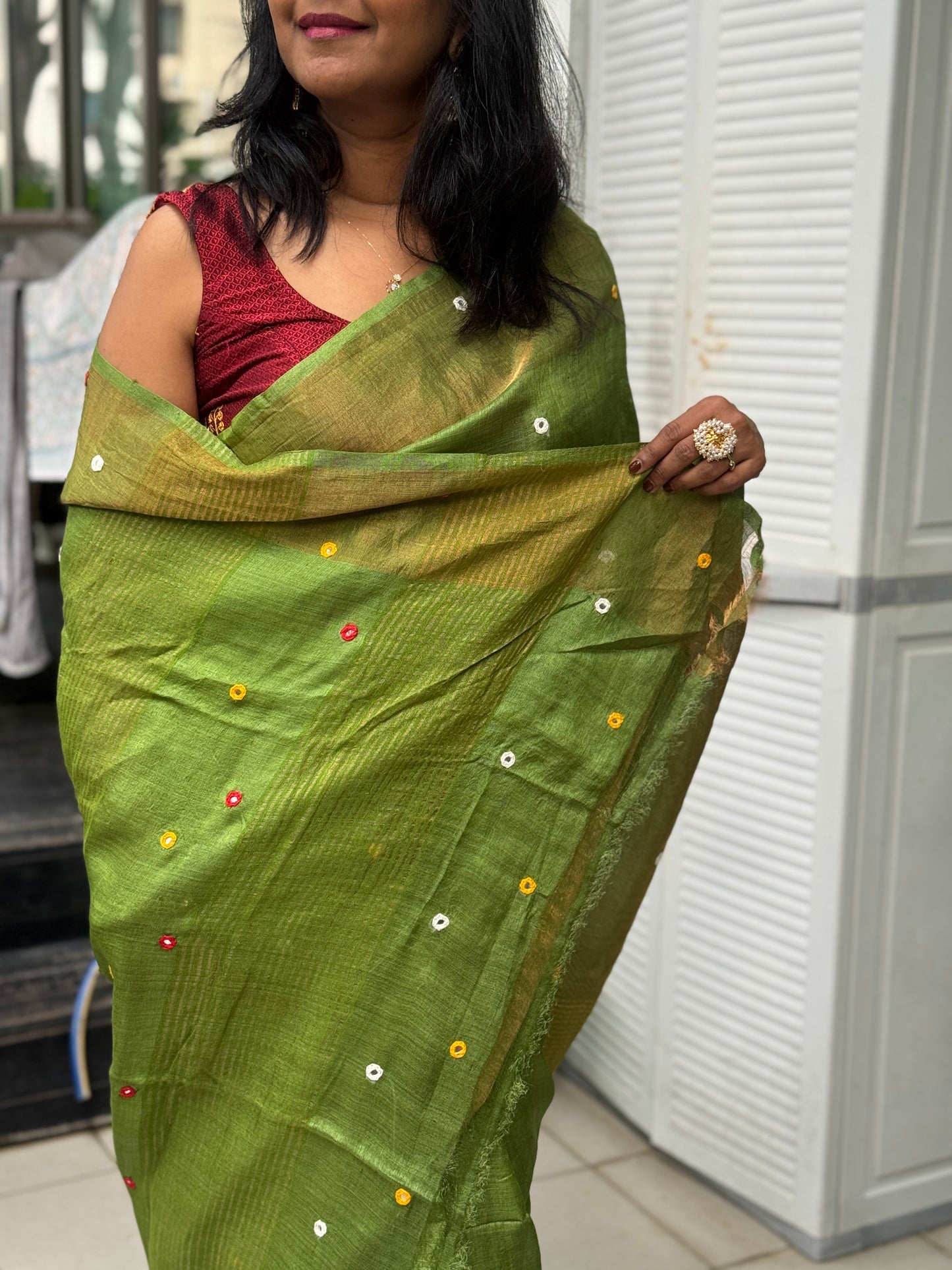 Jaya: Green Handwoven Tussar Silk Mirror-work Saree