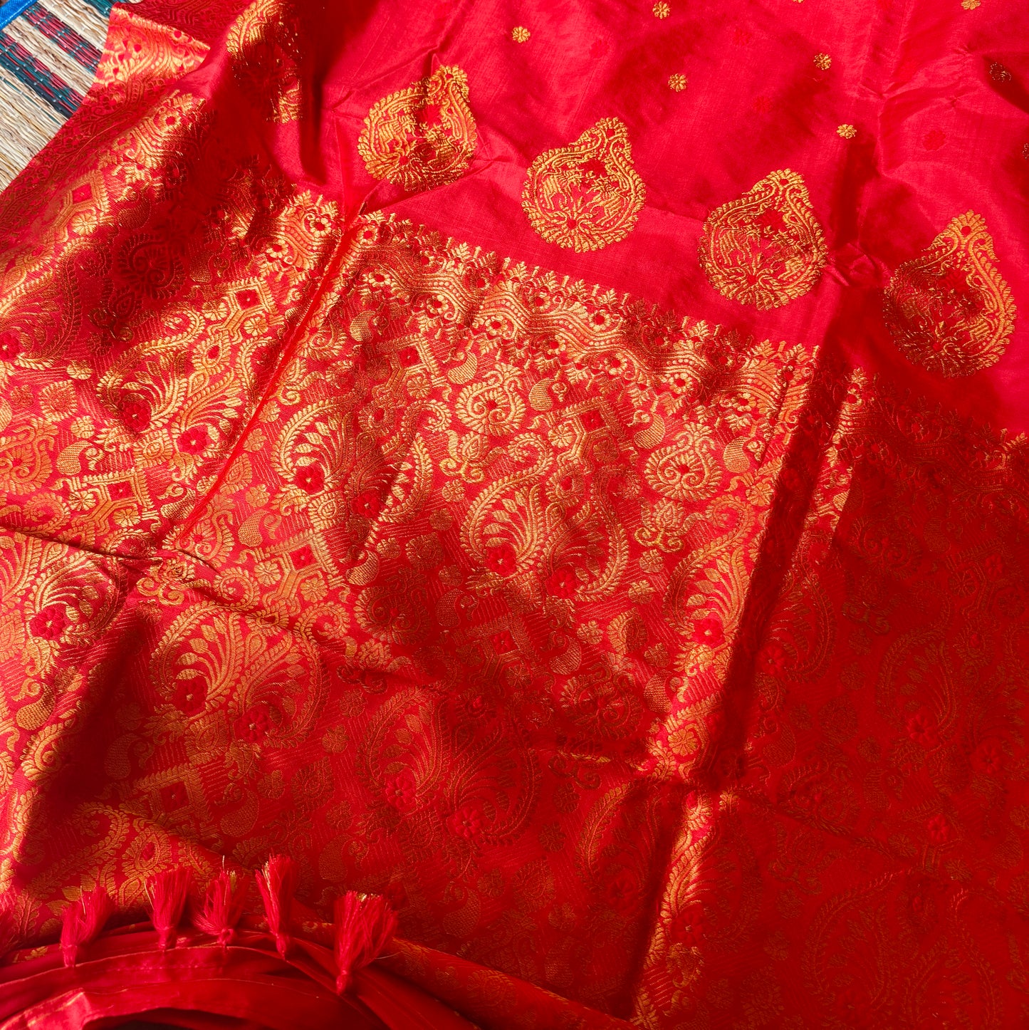 Jahnobi: Red Paat-Silk Sari with Gold Zari-work