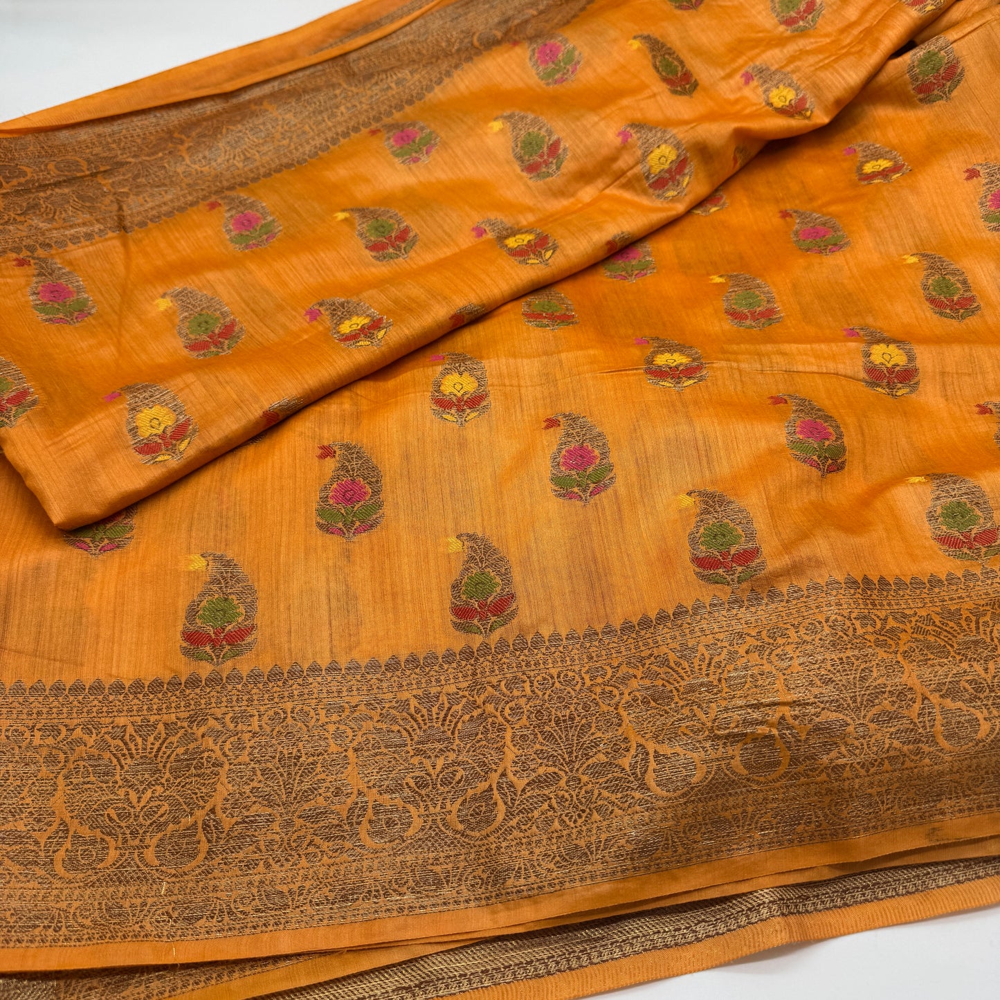 Kesar: Orange Handwoven Munga Tussar Silk Saree