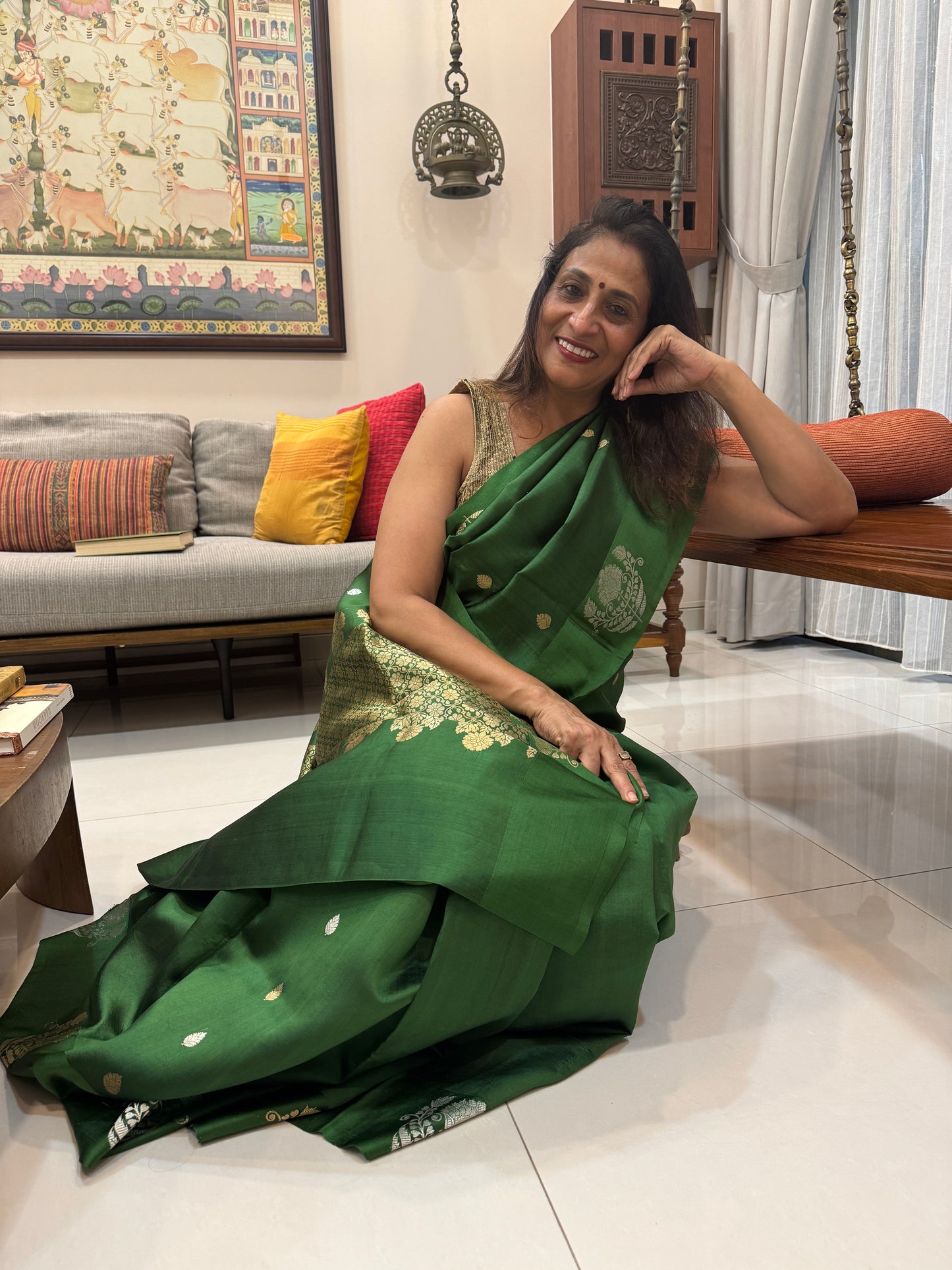 Vanya: Green Borderless Banarasi Katan Silk Saree