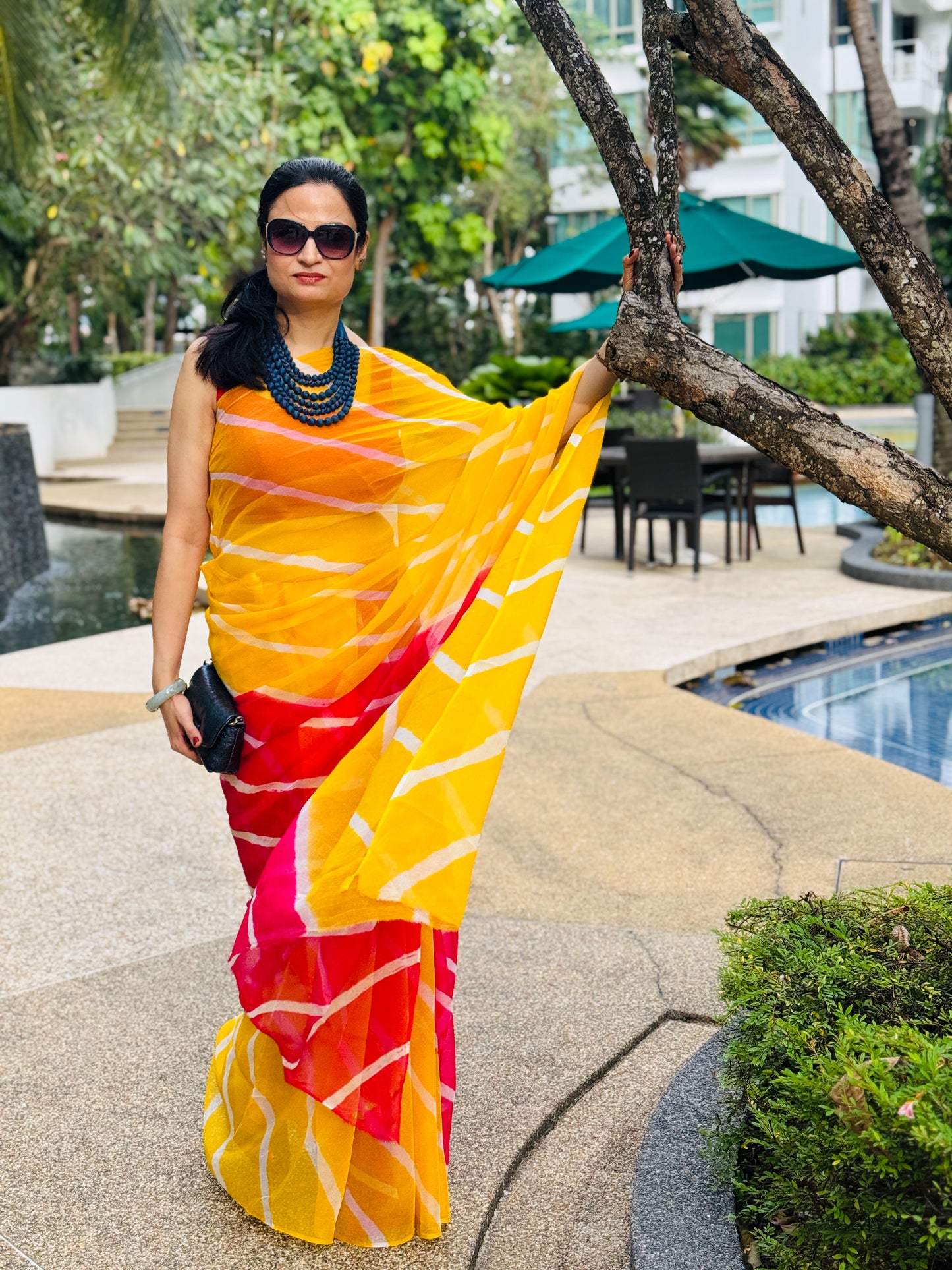 Leher: Yellow & Pink Chiffon Saree