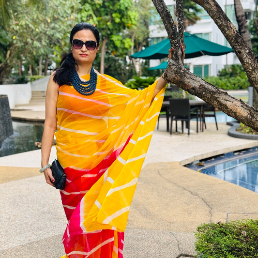 Leher: Yellow & Pink Chiffon Saree