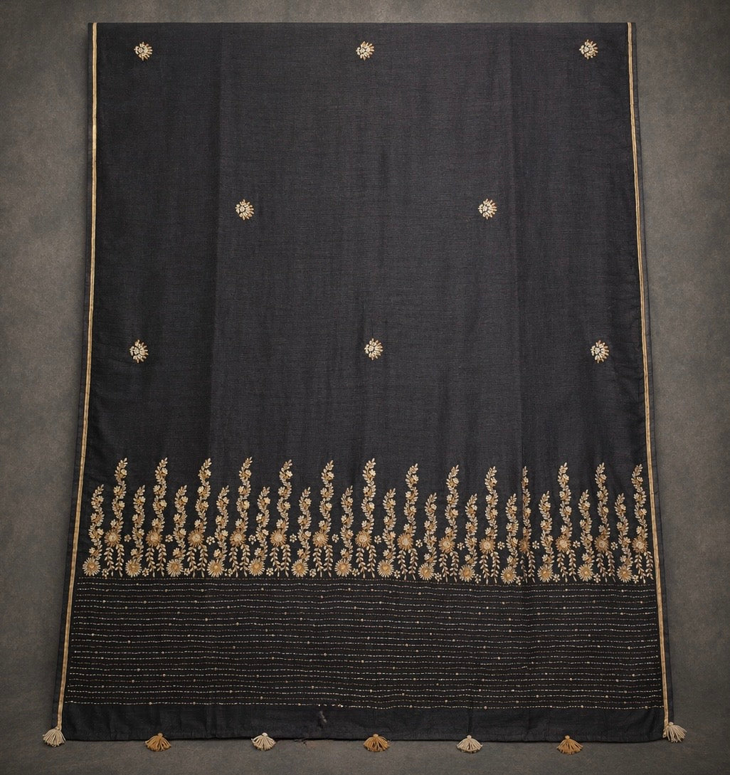 Hely: Black Semi-tussar Hand-embroidered Saree