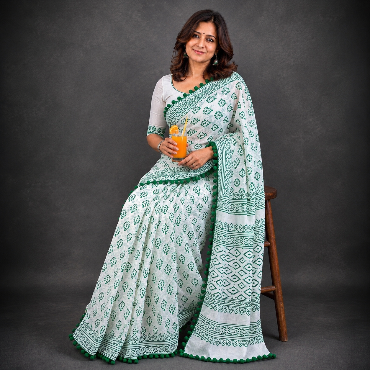 Trisha: White Cotton Sanganeri Block Print Saree