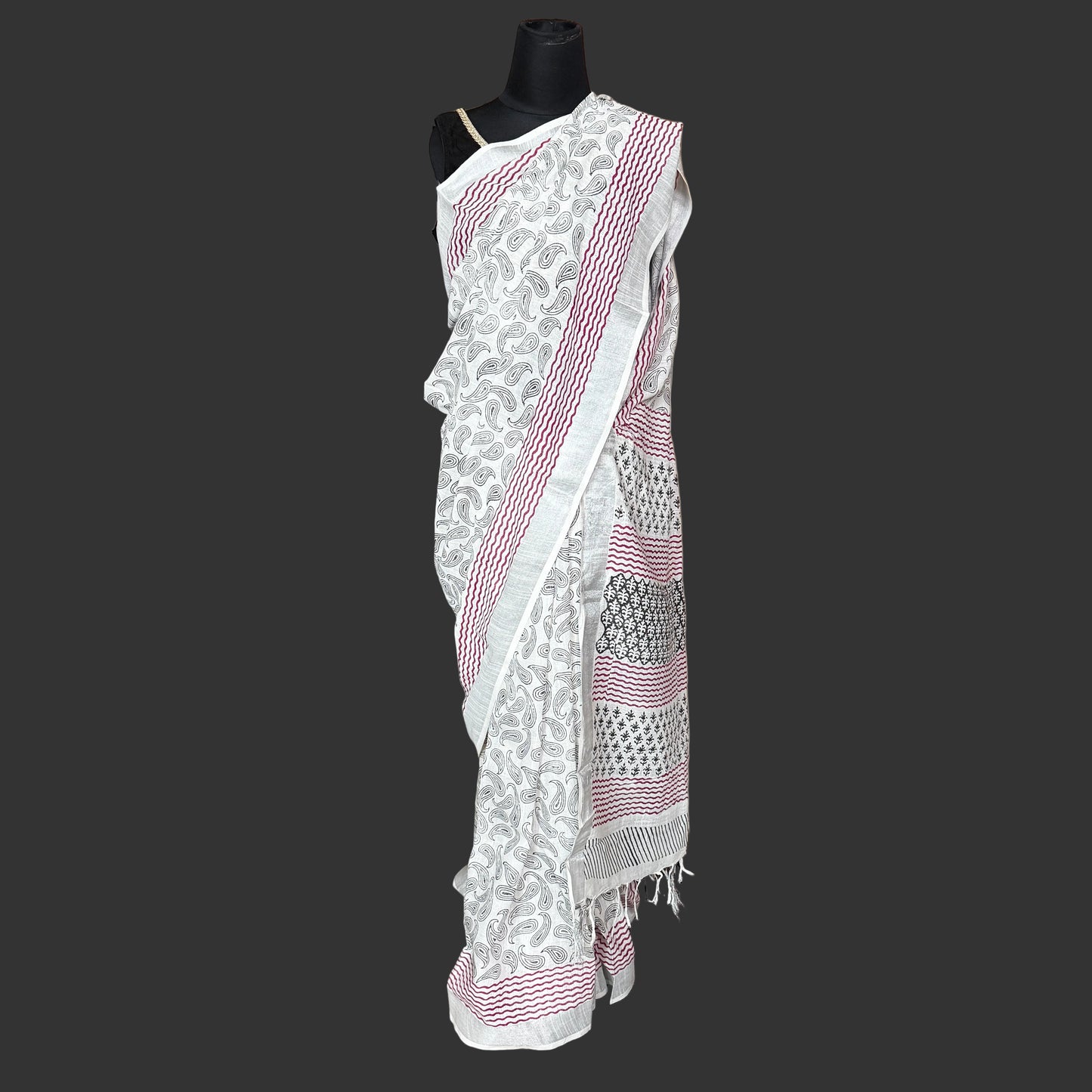 Sohini: White Linen Sanganeri Block Print Saree
