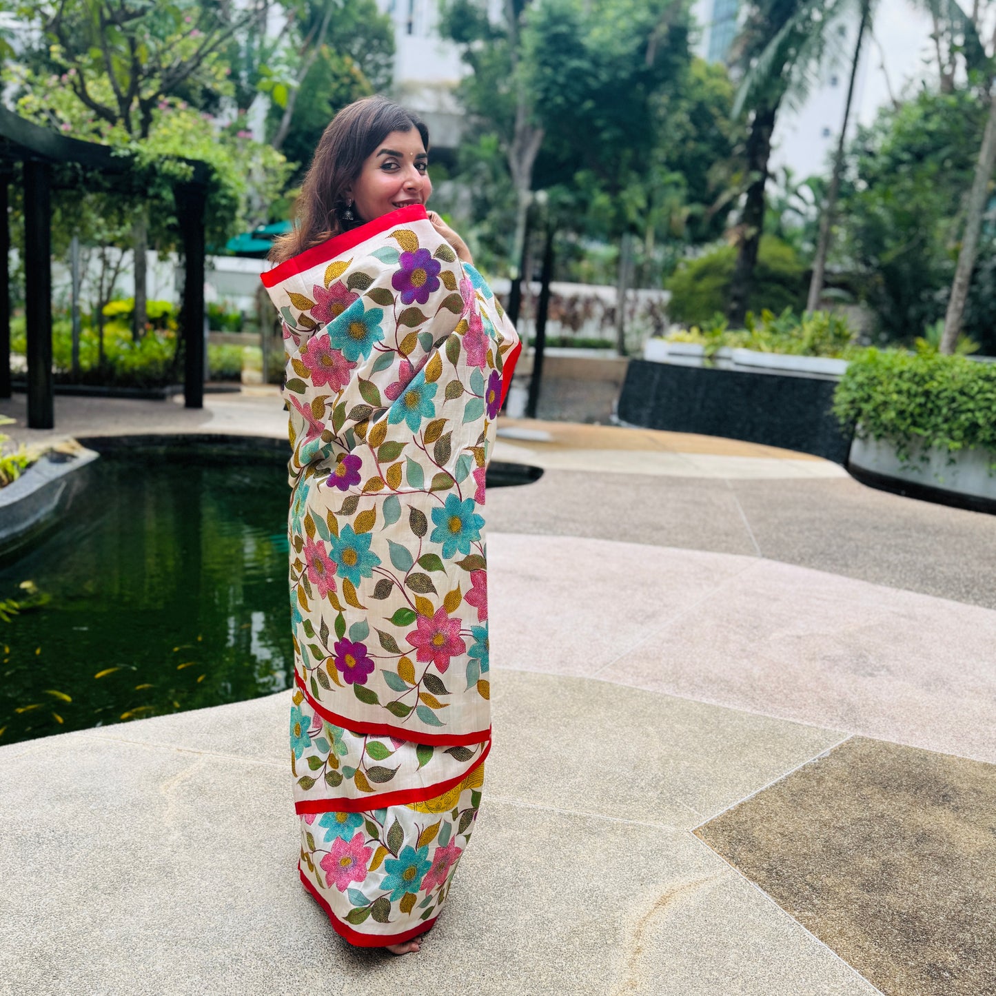 Megharang: Yellow Block Print Kantha Tussar Silk Saree