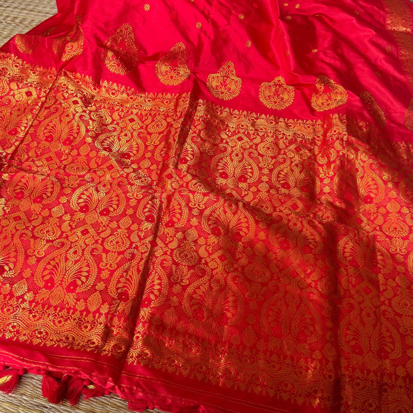 Jahnobi: Red Paat-Silk Sari with Gold Zari-work