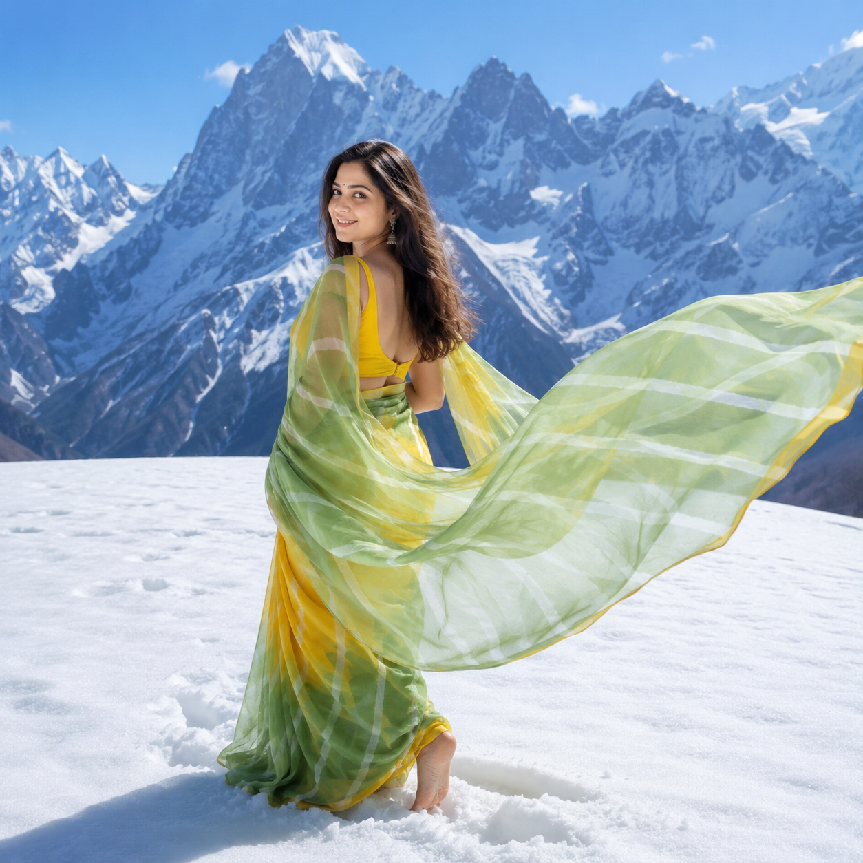Kamini: Yellow and Green Leheriya Chiffon Saree