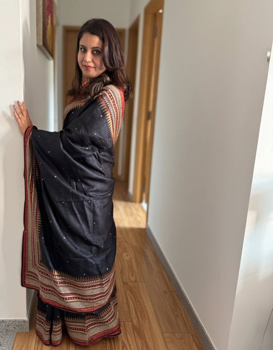 Neeraja: Black Embroidered Tussar Silk Saree