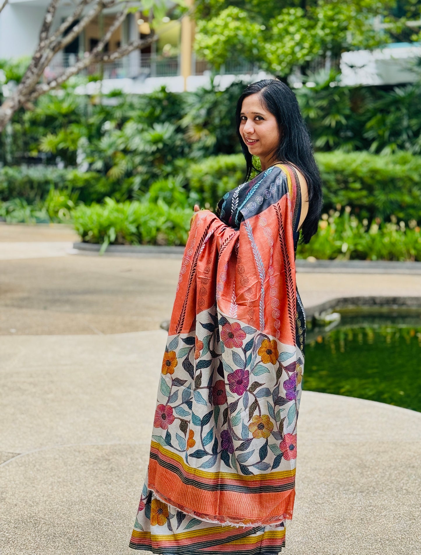 Neharika: Rust and Black block print Kantha Tussar Silk Saree