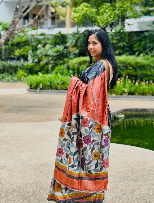 Neharika: Rust and Black block print Kantha Tussar Silk Saree