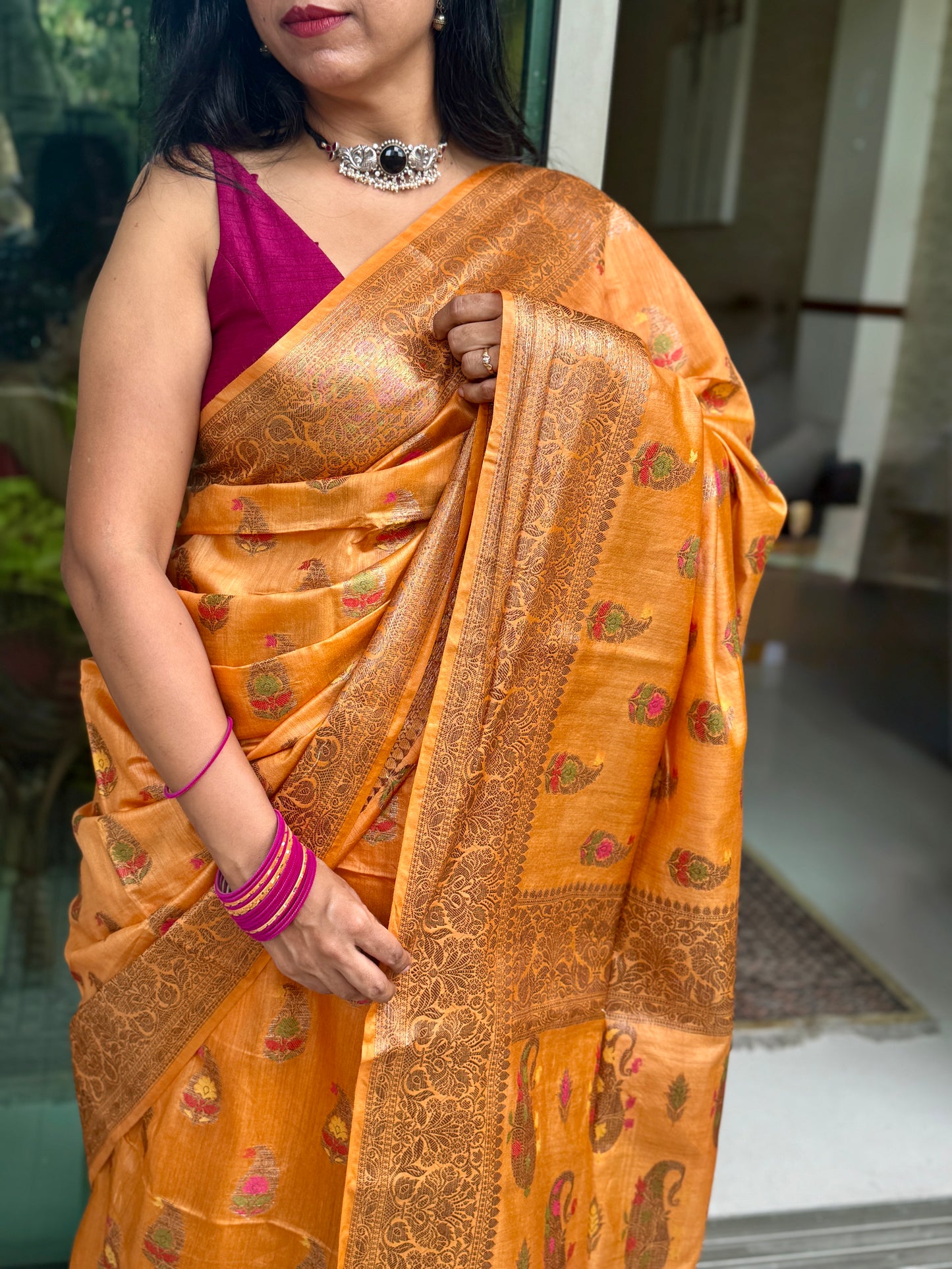 Kesar: Orange Handwoven Munga Tussar Silk Saree
