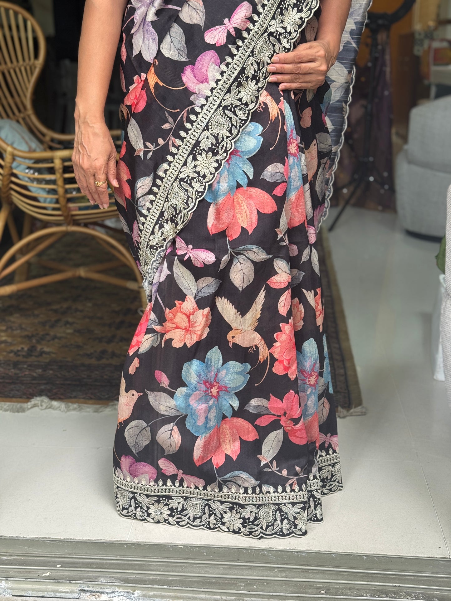 Nishika: Black Floral Blended Silk Saree