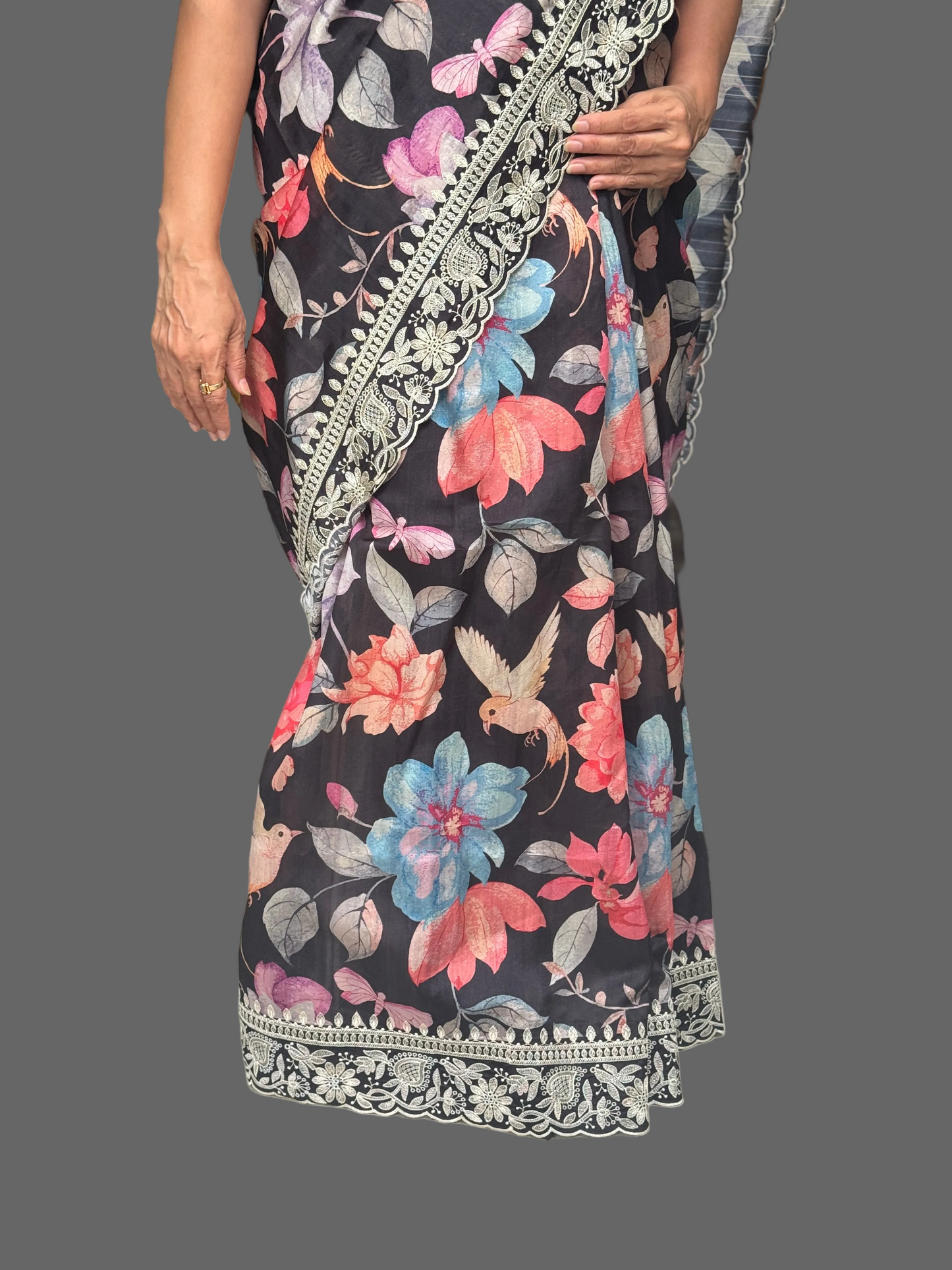 Nishika: Black Floral Blended Silk Saree