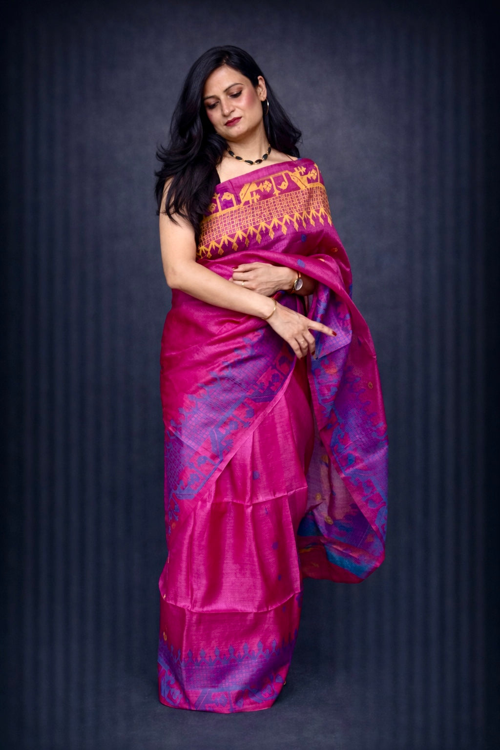 Ava: Pink Handwoven Tussar Silk Jamdani Saree