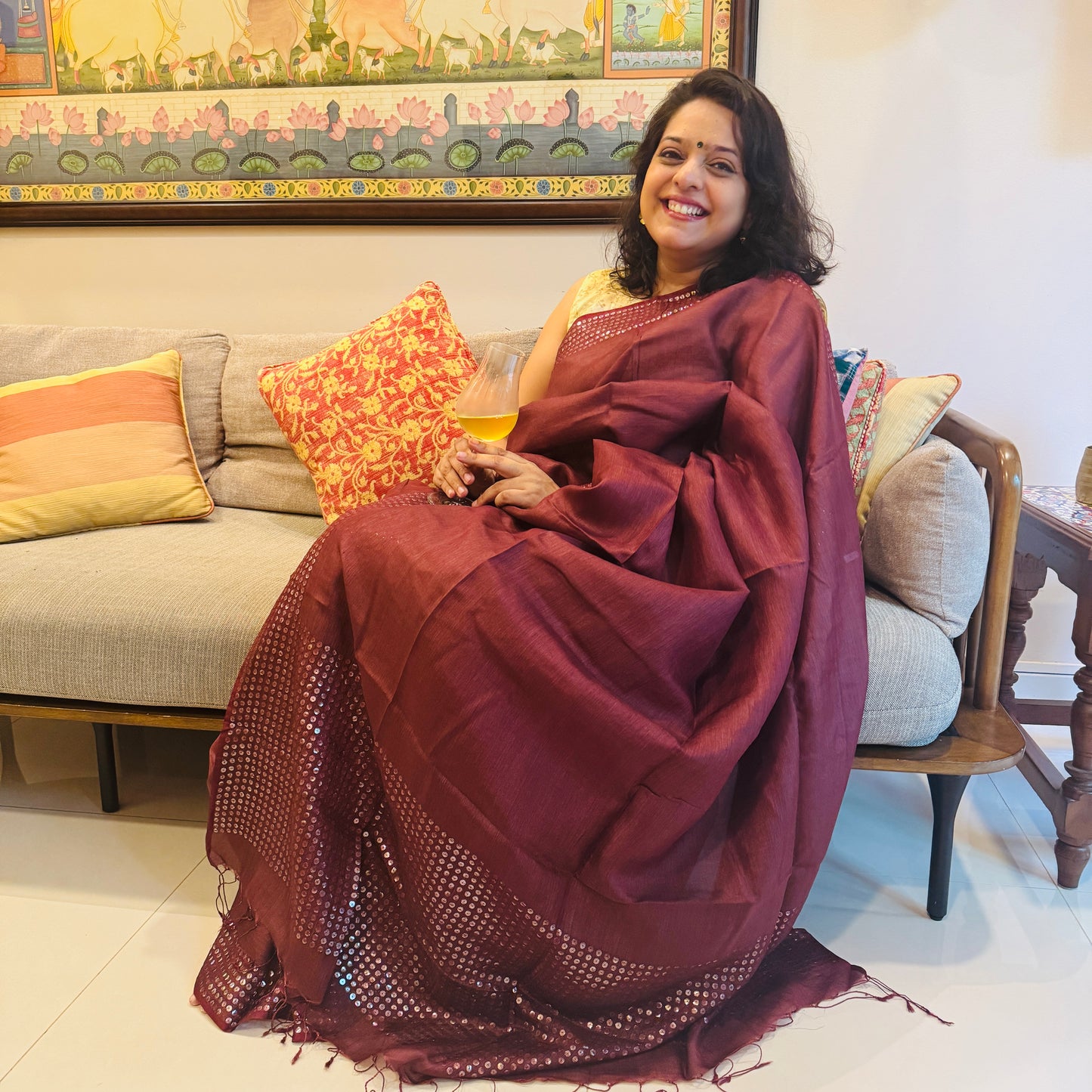 Keya: Brown Tussar Silk Saree with Sequins