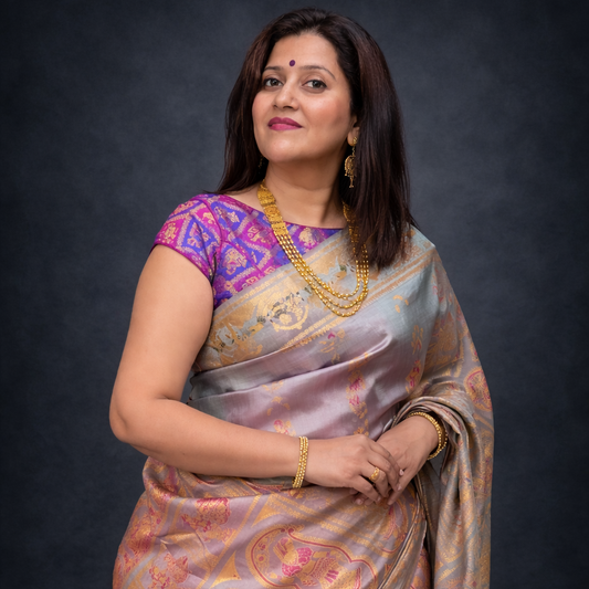 Aparna: Grey Handwoven Katan Silk Baluchari Saree