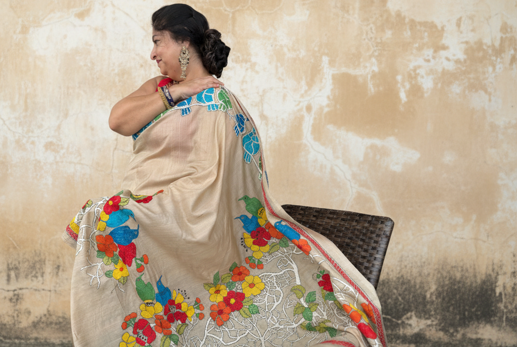 Vasudha: Beige Tussar Silk Kantha Saree