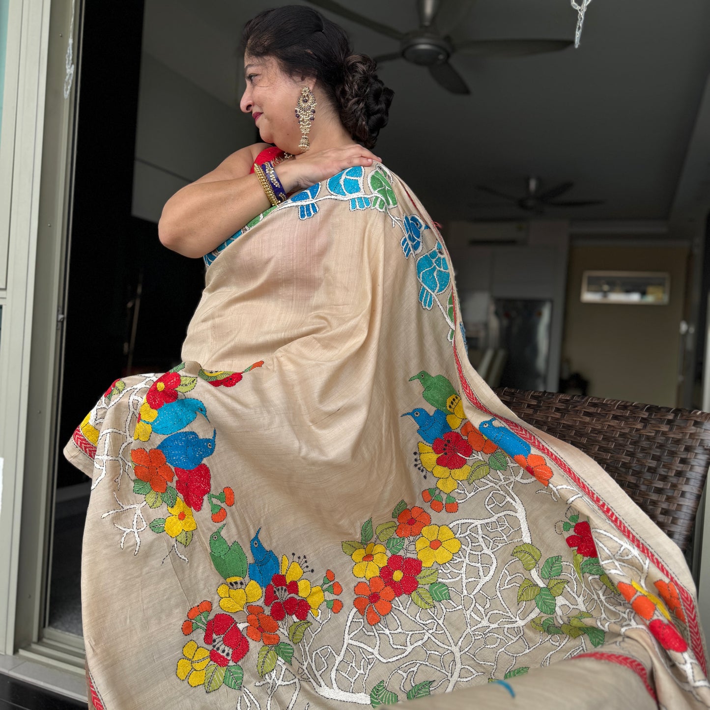 Vasudha: Beige Tussar Silk Kantha Saree