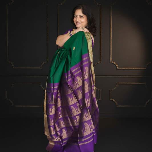 Kavita: Green & Purple Pattu Silk Saree