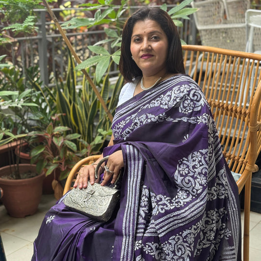 Smita: Blue Hand-Embroidered Semi-Silk Kantha Saree