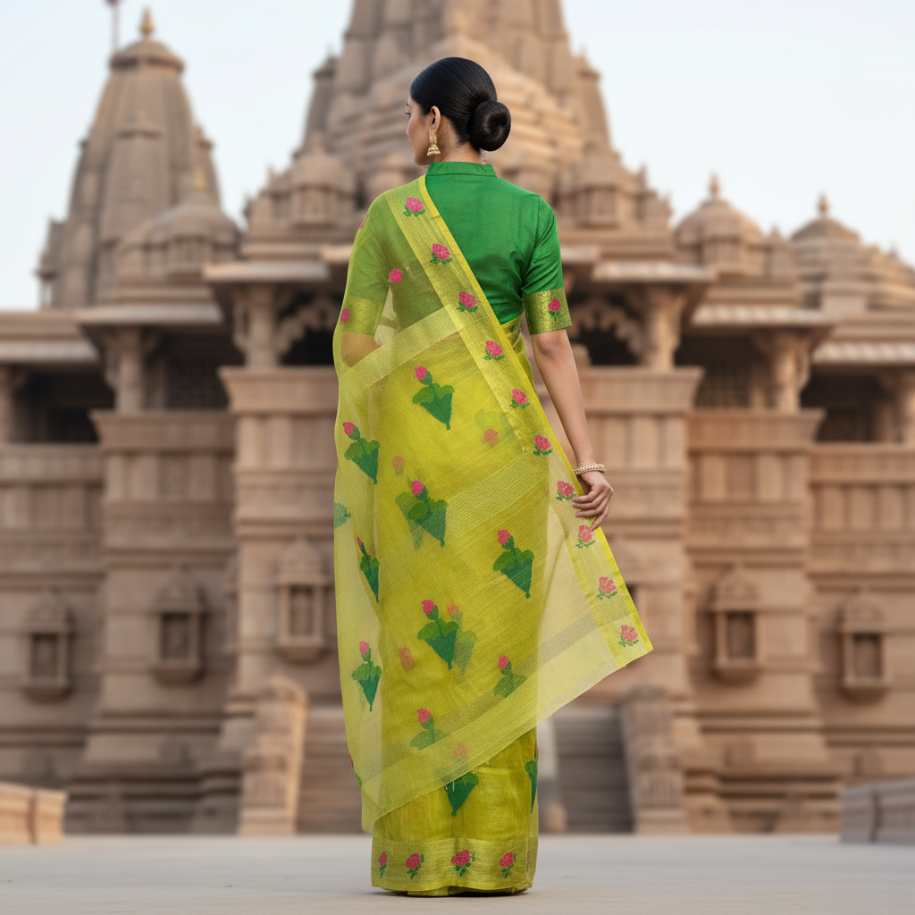 Parijat: Green Matka Silk Saree with Translucent Muslin Pallu