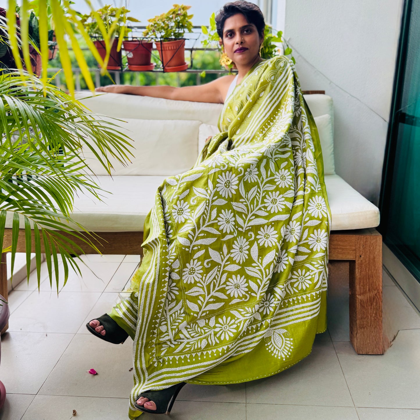 Verdant: Green Kantha Embroidered Saree