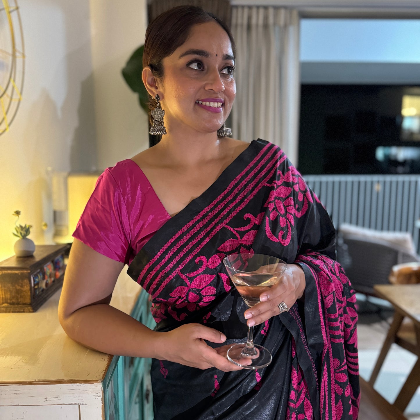 Raatrani: Black and Pink Embroidered Saree