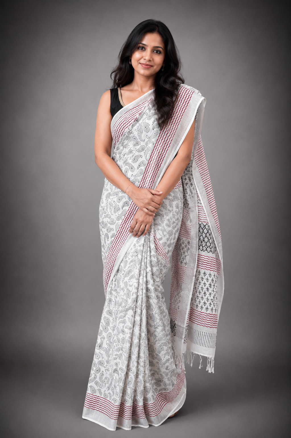 Sohini: White Linen Sanganeri Block Print Saree