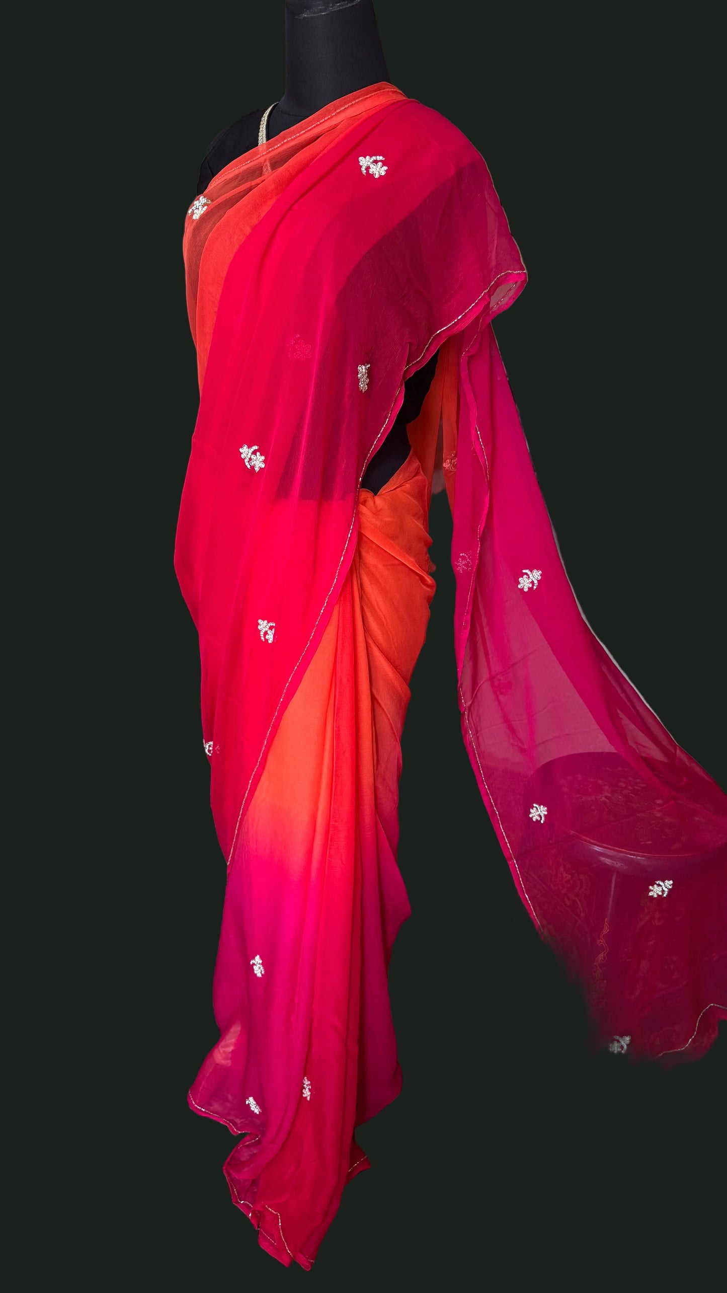 Pankhuri: Pink & Orange Ombré Chiffon Saree with Sequins
