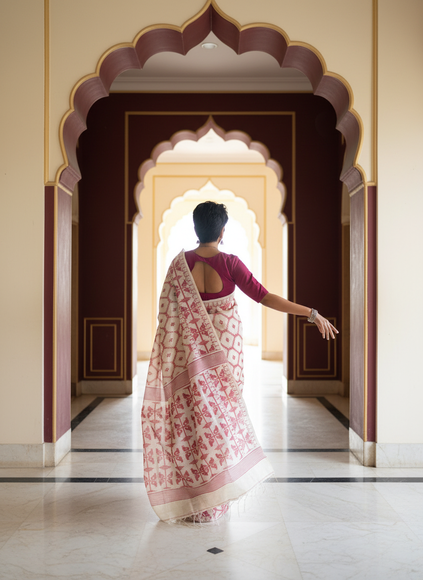 Ivoryfire: White Tussar Silk Jamdani Saree
