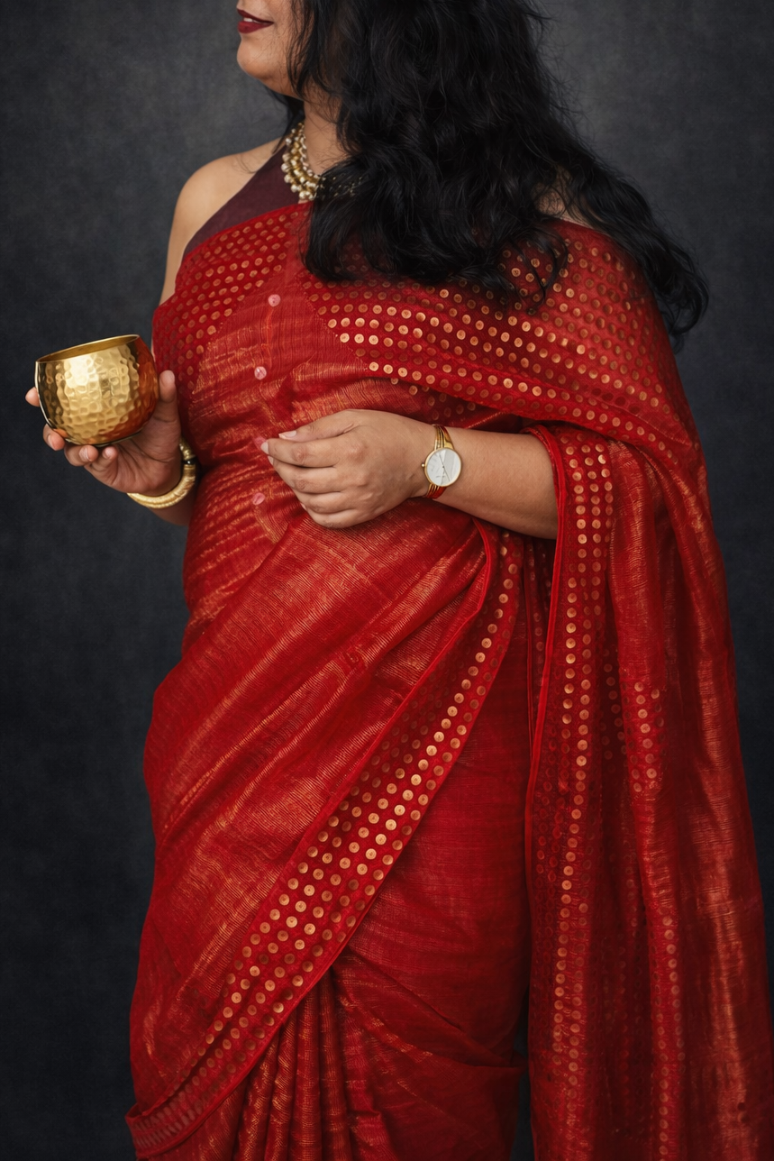 Diva: Red Tissue Handwoven Muslin Sequins Saree