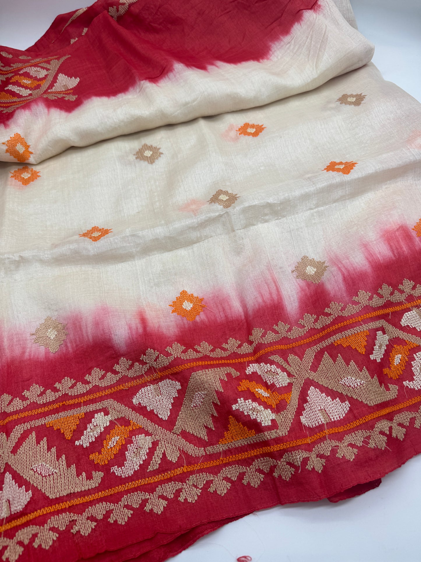 Ashima: White and Red Embroidered Tussar Silk Saree