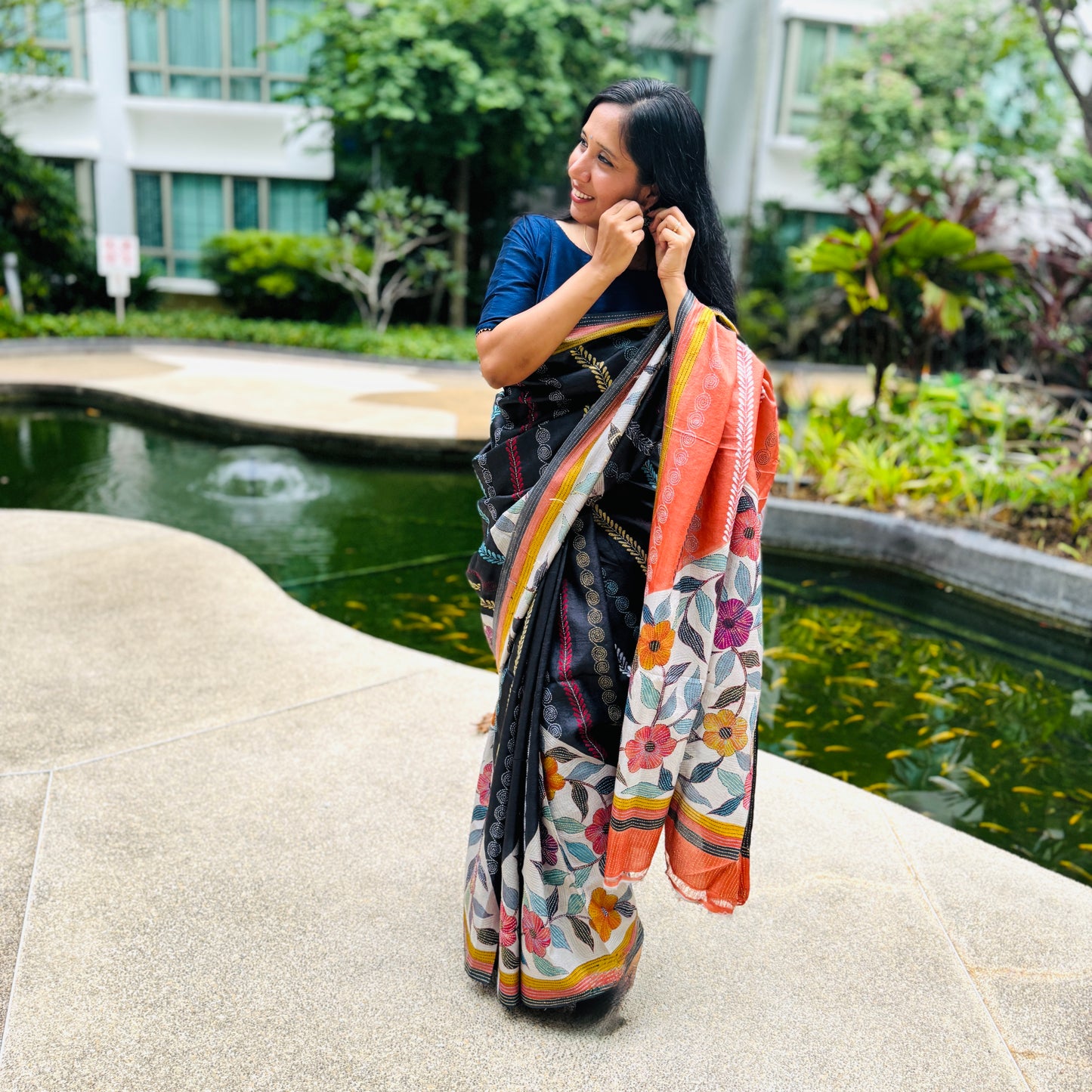 Neharika: Rust and Black block print Kantha Tussar Silk Saree