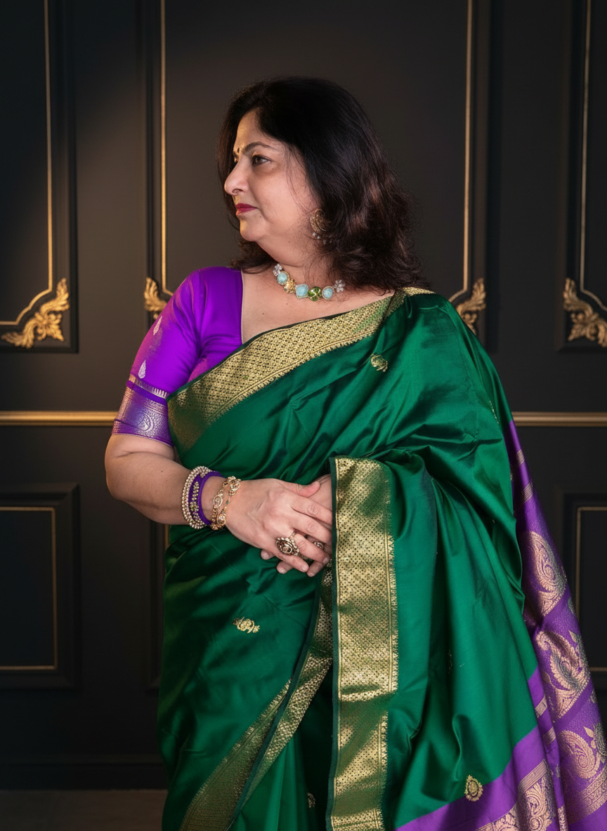 Kavita: Green & Purple Pattu Silk Saree