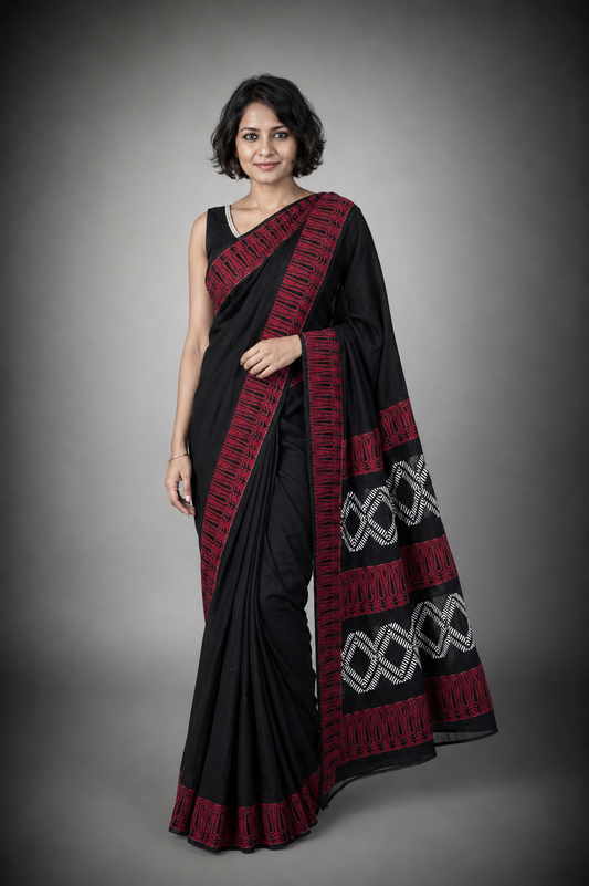 Aheli: Black Cotton Sanganeri Block Print Saree