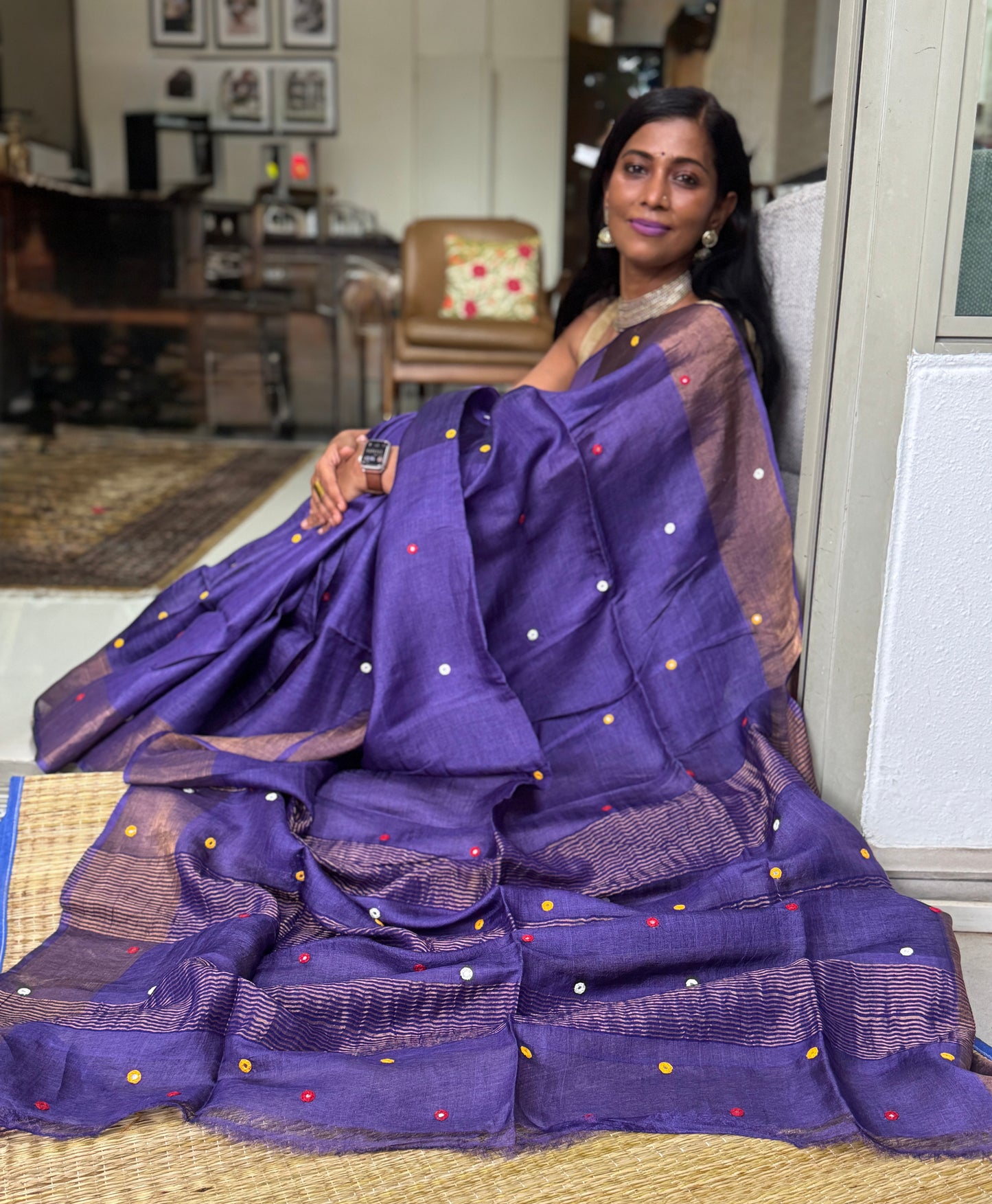 Jamini: Purple Handwoven Tussar Silk Mirror-work Saree