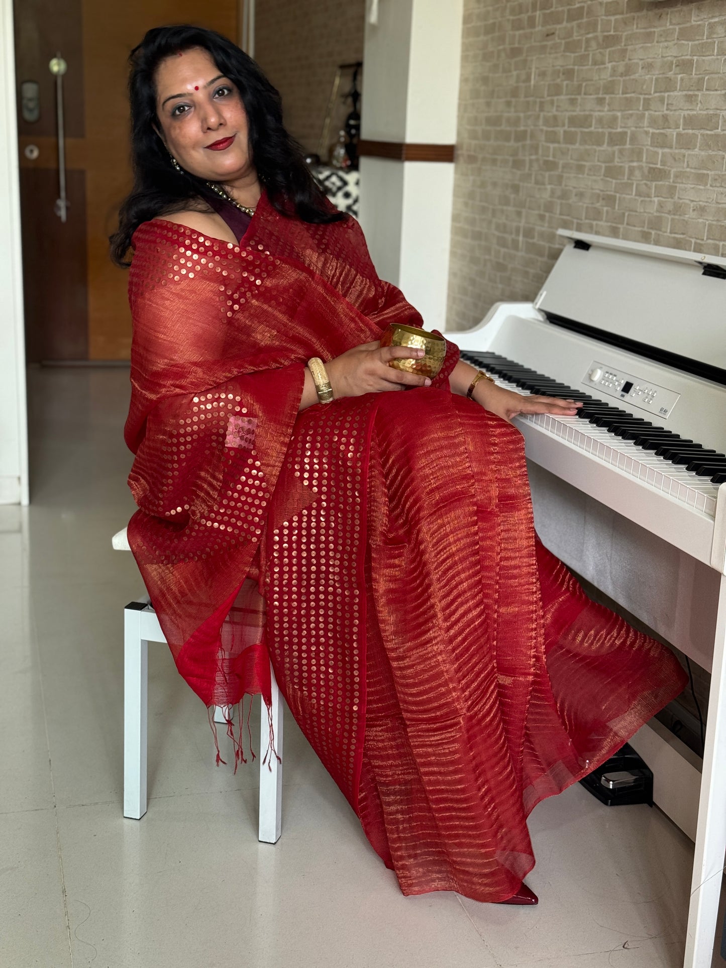 Diva: Red Tissue Handwoven Muslin Sequins Saree