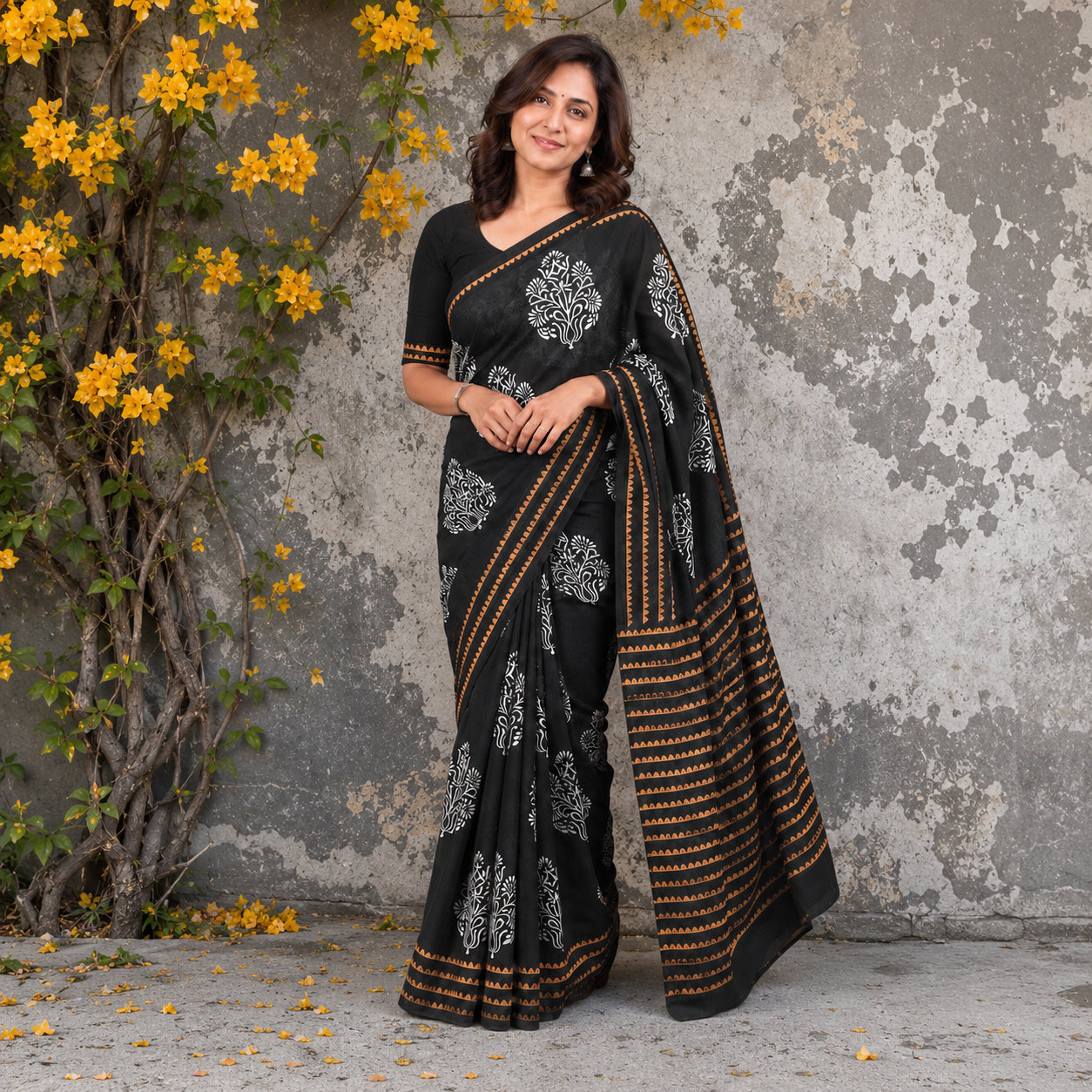 Ruhani: Black Cotton Sanganeri Block Print Saree