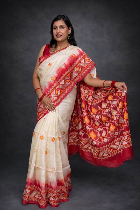 Ashima: White and Red Embroidered Tussar Silk Saree