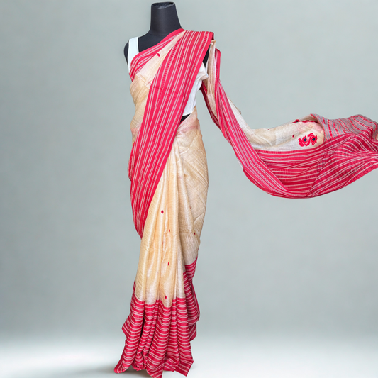Crimson Heritage: Beige & Red Tussar Silk Saree