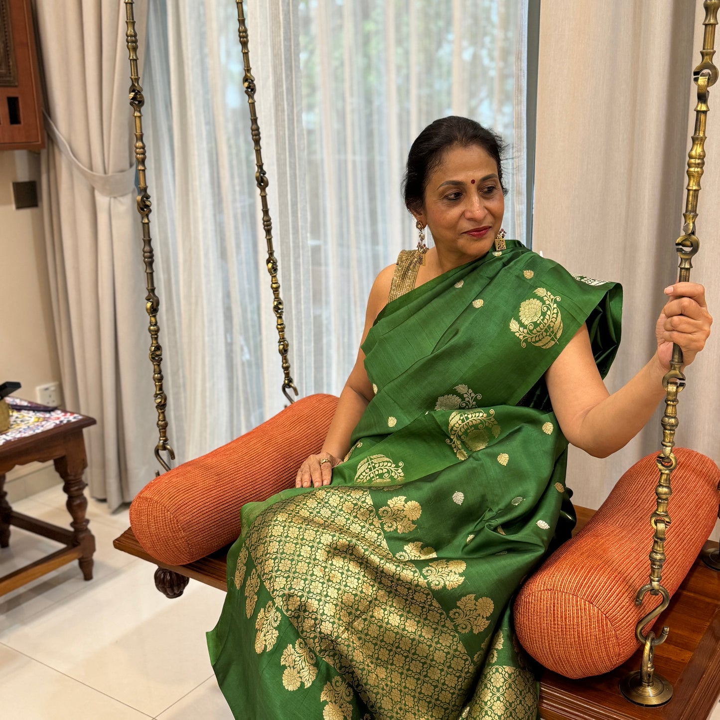 Vanya: Green Borderless Banarasi Katan Silk Saree