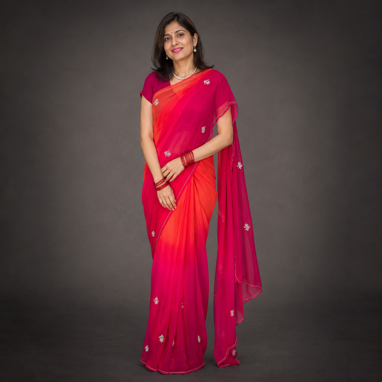 Pankhuri: Pink & Orange Ombré Chiffon Saree with Sequins
