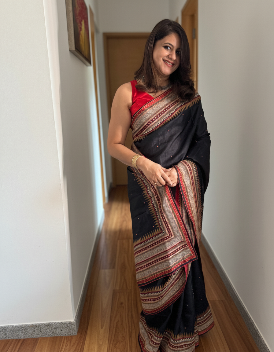 Neeraja: Black Embroidered Tussar Silk Saree
