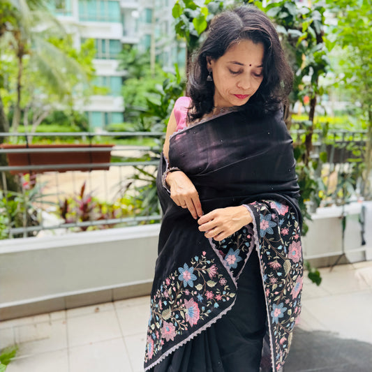 Kaavya: Black  Semi-Silk Embroidered Saree