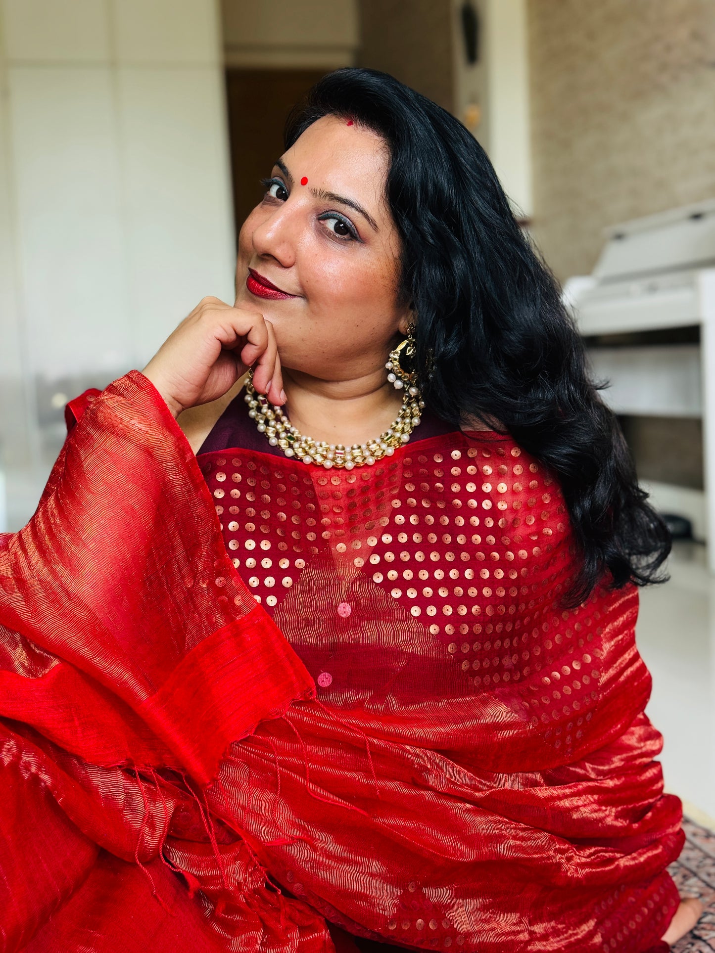 Diva: Red Tissue Handwoven Muslin Sequins Saree