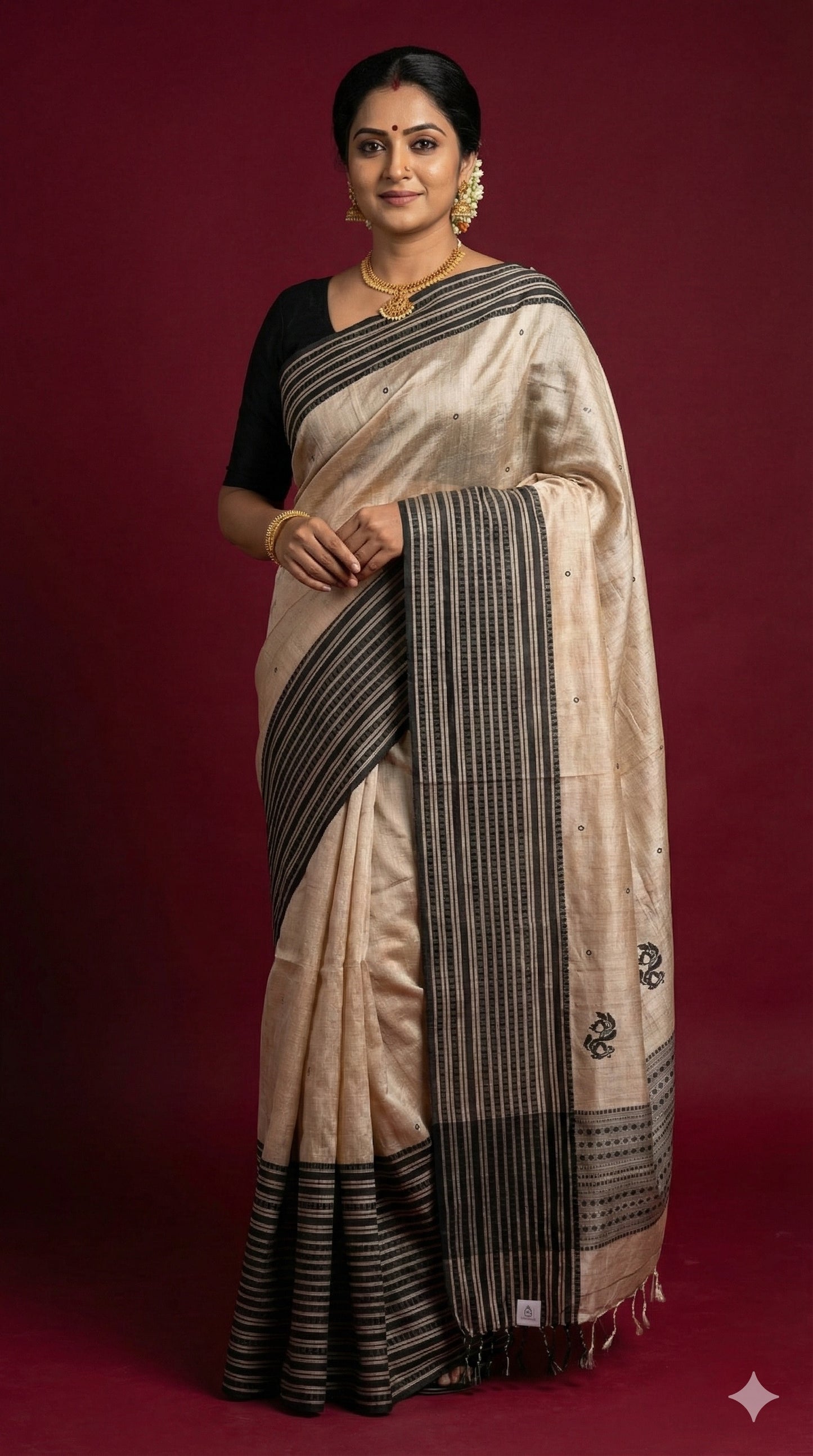 Obsidian: Beige & Black Tussar Silk Saree