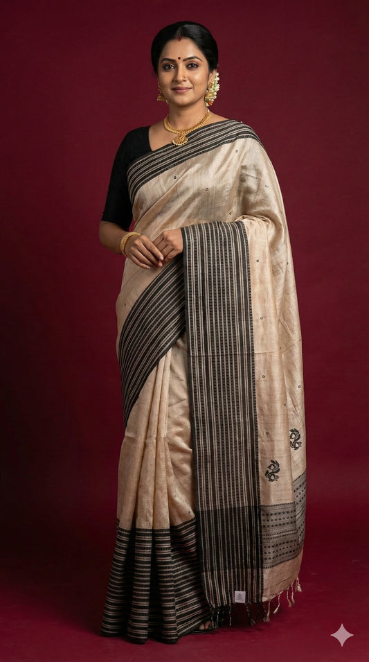 Obsidian: Beige & Black Tussar Silk Saree